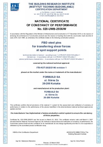 NATIONAL CERTIFICATE OF CONSTANCY OF PERFORMANCE No. 020-UWB-2936/W