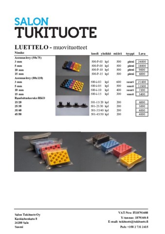 UUTUUS Tuoteluettelo | muovituotteet - asennuspalat ja raudoituskorokkeet - 2026-08